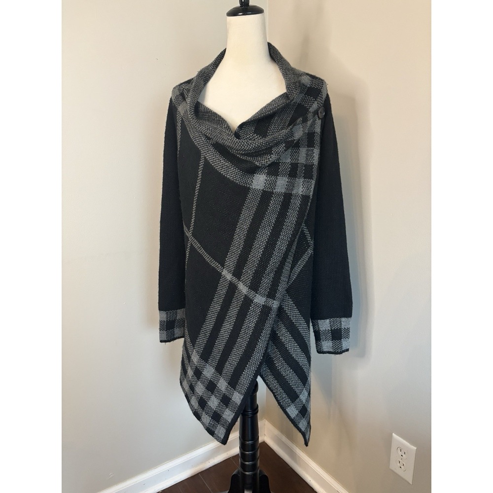 Fylo Gray Black Plaid Knit Wrap Sweater Cardigan Wool Alpaca Blend Women's Large